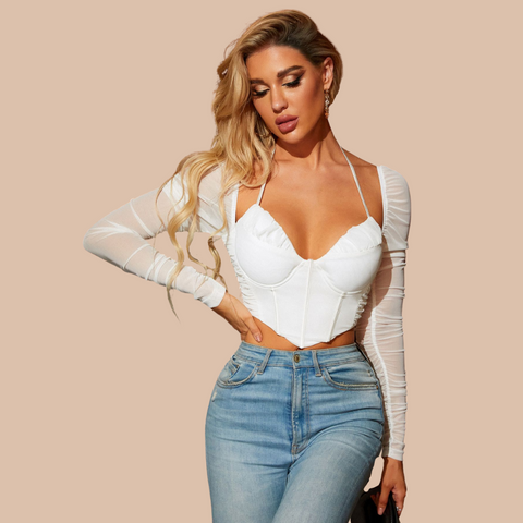 Helen Mesh Halter Long Sleeve Corset Top