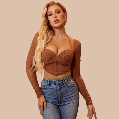 Maggie Neckholder-Crop-Top mit langen Ärmeln aus Netzstoff