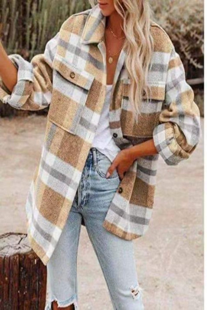 Long Sleeve Loose Woolen Plaid Shirt Jacket