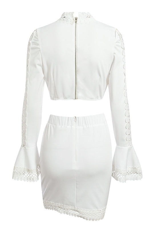 White Lace Crochet Blouse Skirt 2-Piece Coord Set