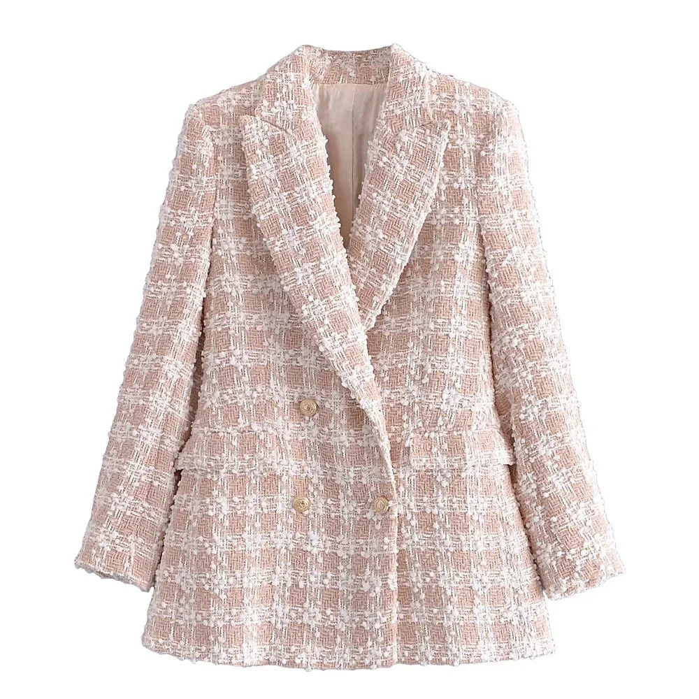 Vintage Plaid Tweed Double Breasted Beige Blazer