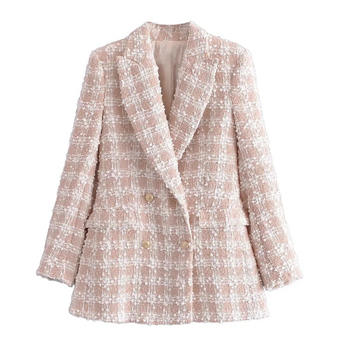 Vintage Plaid Tweed Double Breasted Beige Blazer