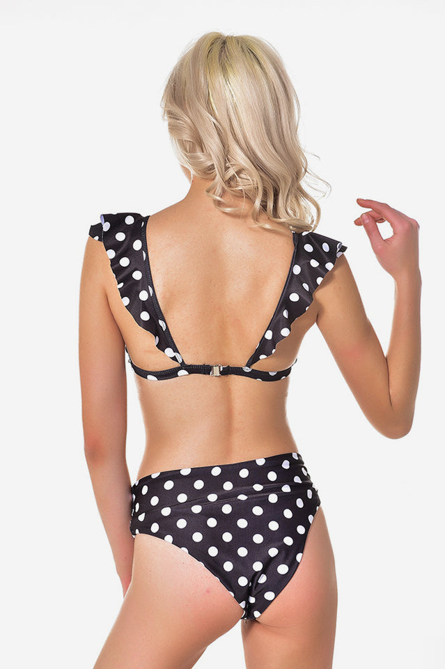 Bikini taille haute à volants et pois