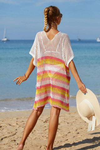 Rainbow Stripe Openwork Slit Cover Up