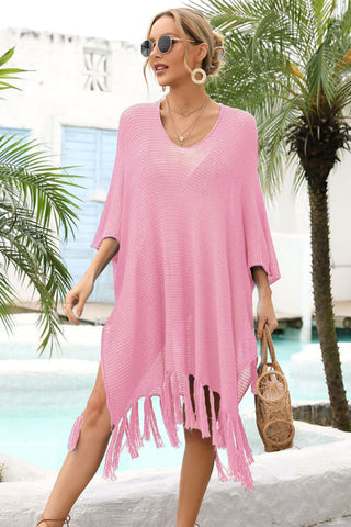 Fringe Trim Dolman Sleeve Openwork Cover Up