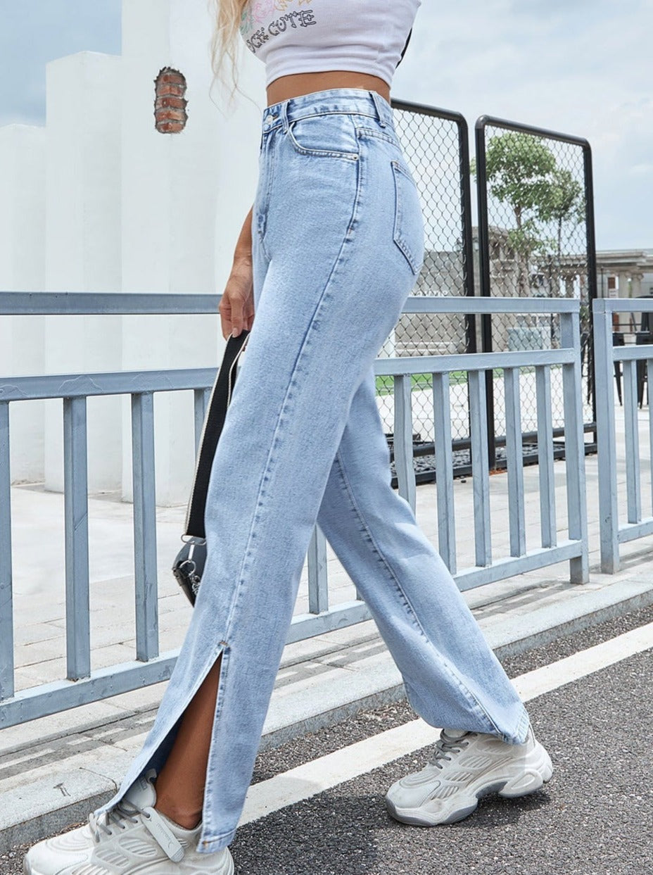 Slit Wide Leg Straight Loose High Waist Slim Pants