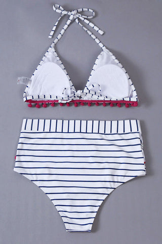 Mesh Hollow Out Stripe Tassel Bikini Set