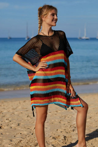 Rainbow Stripe Openwork Slit Cover Up