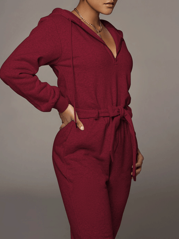 Zippered Hooded Belt Long Sleeve Cargo Jumpsuit