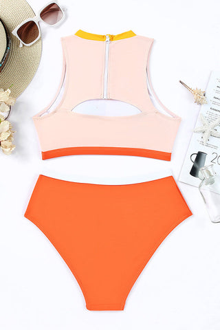 Color Block Zipped Cut Out Bikini Set