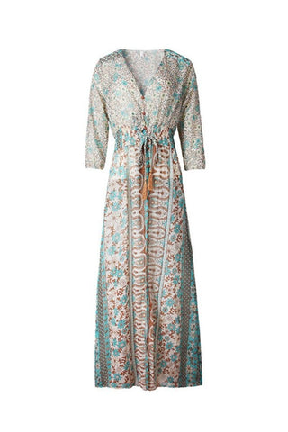 V-Neck Print Three-Quarter Sleeve Floor-Length Travel Look Women's Dress