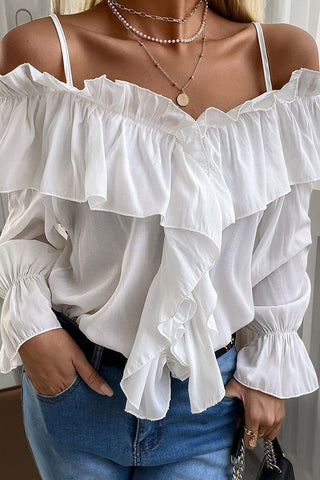 White Cold Shoulder Pleated Ruffle Bell Sleeve Blouse