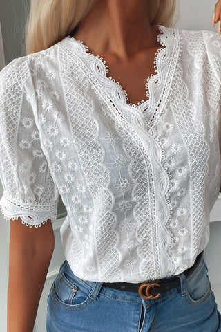 V-Neck Lace Hem Eyelet Embroidered Top