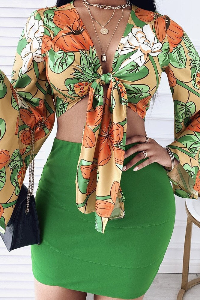 Tropical Print Top Skirt Set