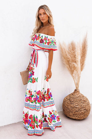 Trendy Off Shoulder Malamala Print Maxi Dress