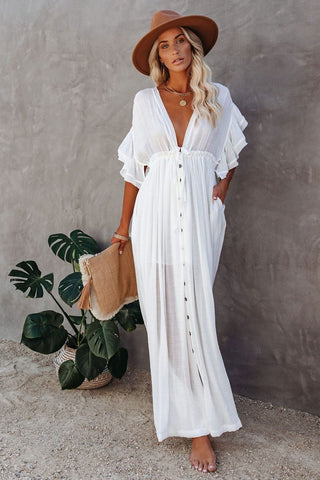 White Cover-ups Bikini Cover up Kaftan Women Long Maxi Dress Solid V neck Ladies Holiday Dress