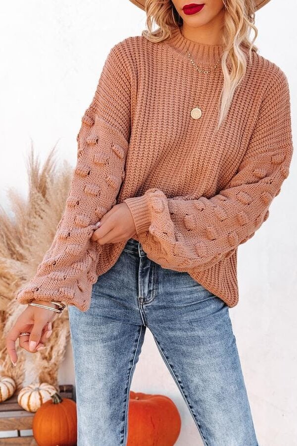 Textured Knit Sweater with Lantern Sleeves