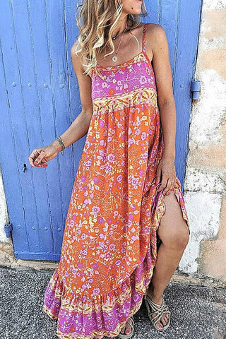 Robe longue sans manches à col carré et imprimé floral