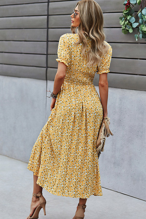 V Neck Smocked Chest Floral Print Maxi Dress