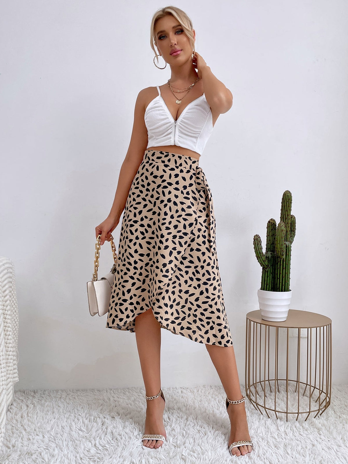 Temperament polka dot print split skirt trendy