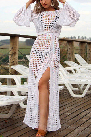 Flare Sleeve Knitted White Swimsuit Cover Up