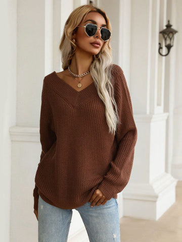 Solid Color v-neck Knitted Sweater