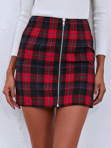 Zipper Plaid Mini Bodycon Skirt