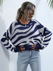Zebra Print Round Neck Sweater Women