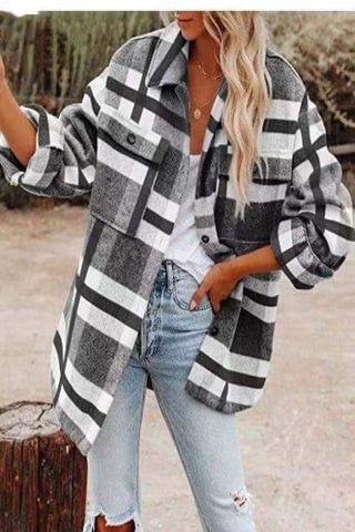 Long Sleeve Loose Woolen Plaid Shirt Jacket