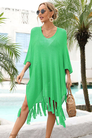 Fringe Trim Dolman Sleeve Openwork Cover Up