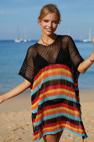 Rainbow Stripe Openwork Slit Cover Up