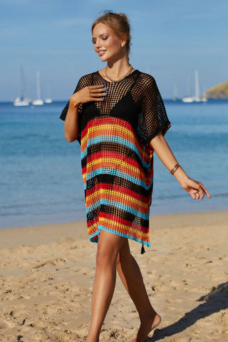 Rainbow Stripe Openwork Slit Cover Up