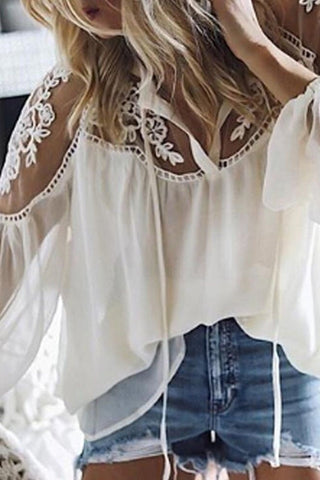 V-Neck Lace Crochet Embroidery Patchwork Blouse