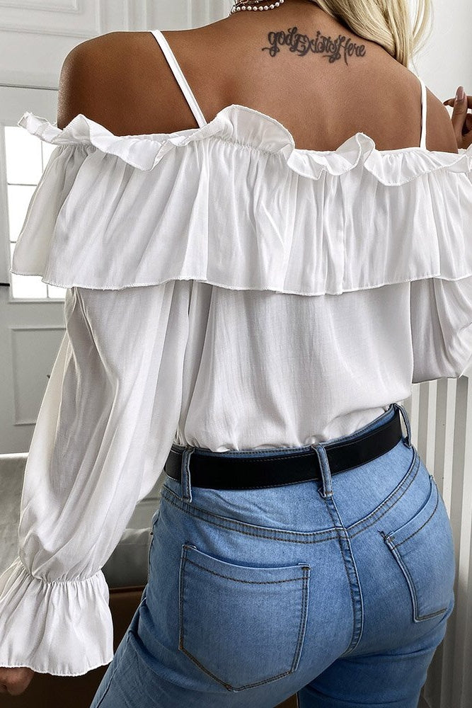 White Cold Shoulder Pleated Ruffle Bell Sleeve Blouse