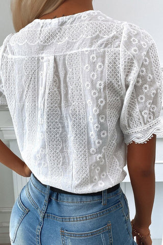 V-Neck Lace Hem Eyelet Embroidered Top