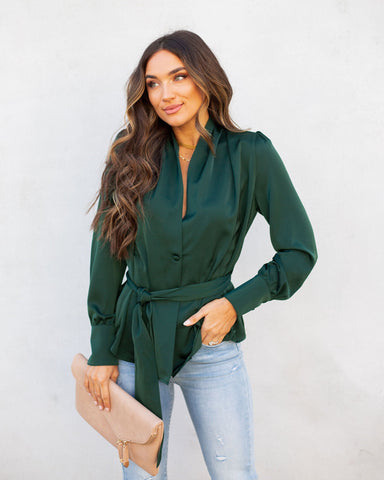 Under The Mistletoe Satin Button Down Tie Blouse