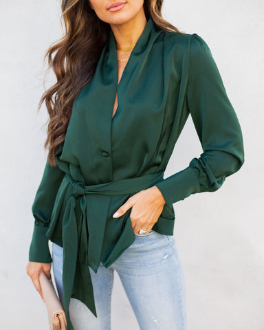 Under The Mistletoe Satin Button Down Tie Blouse