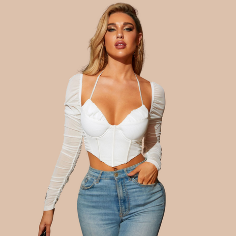 Helen Mesh Halter Long Sleeve Corset Top