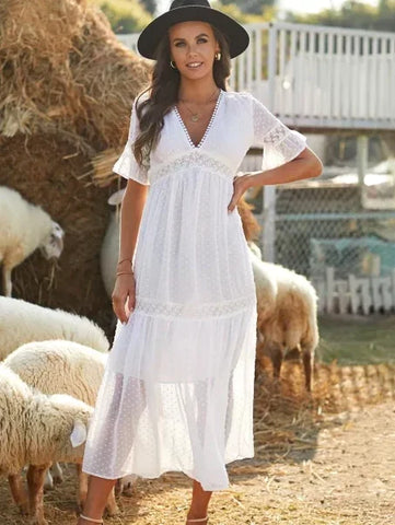 Swiss Dot Lace Trim Maxi Dress