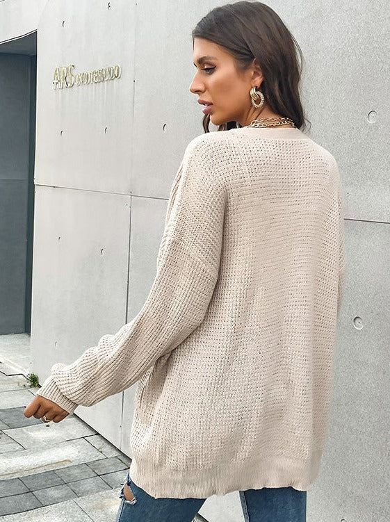 Solid Color v-neck Cardigan Knit Sweater