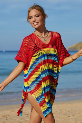 Rainbow Stripe Openwork Slit Cover Up