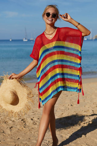 Rainbow Stripe Openwork Slit Cover Up