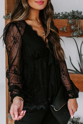 V-Neck Lace Embroidery Long-Sleeve Blouse with Bow Knot