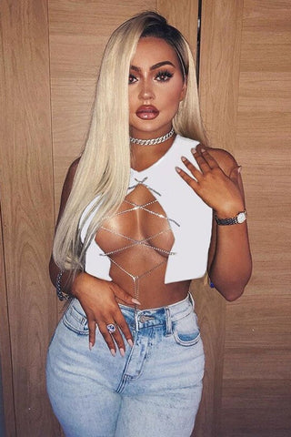 Rhinestone Lace Up Front Crop Top