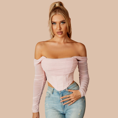 Colla Mesh Off Shoulder Long Sleeve Corset Top