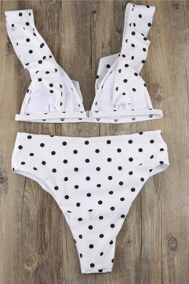 Bikini taille haute à volants et pois