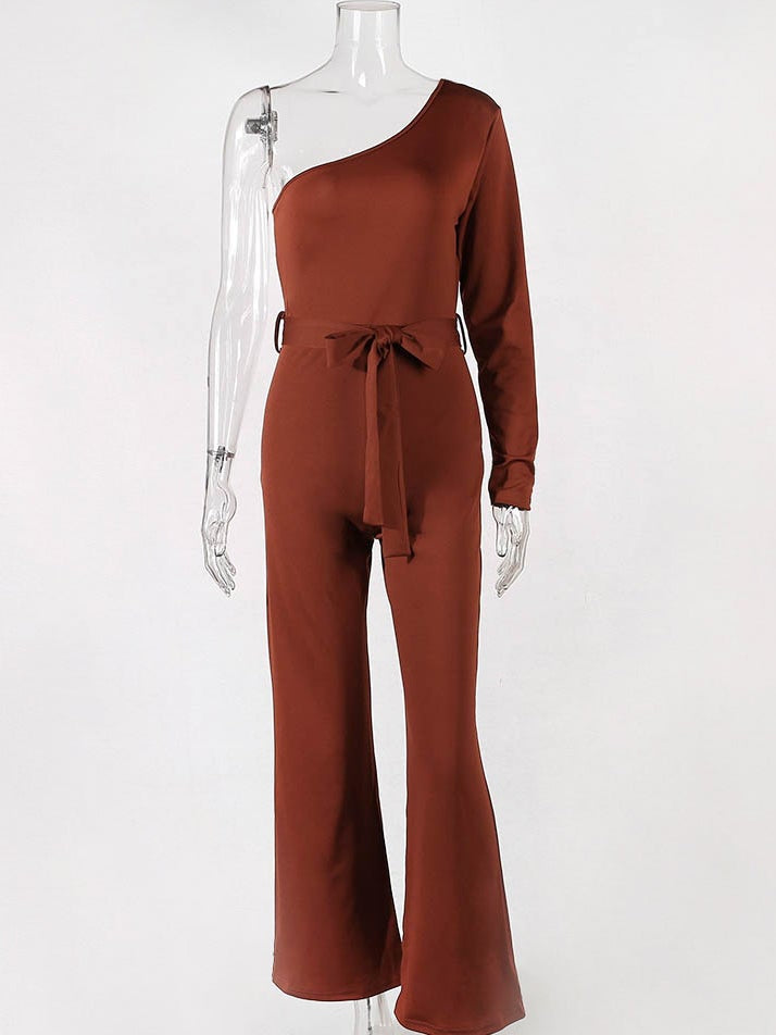 Solid color sloping shoulder slim fit flared pants casual jumpsuit