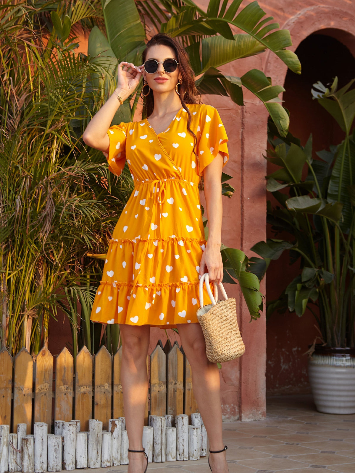 Yellow V-neck casual dress