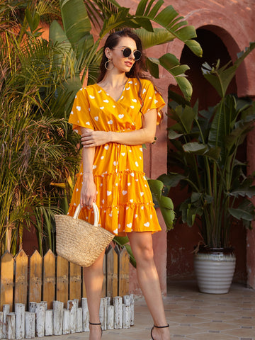 Yellow V-neck casual dress