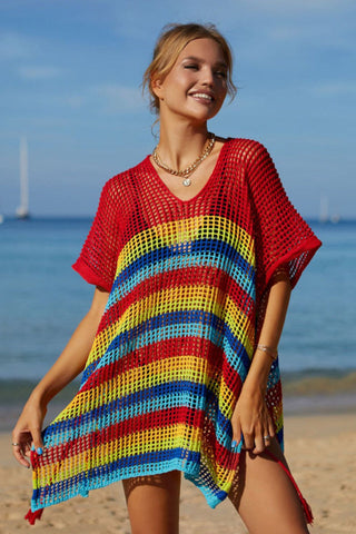 Rainbow Stripe Openwork Slit Cover Up